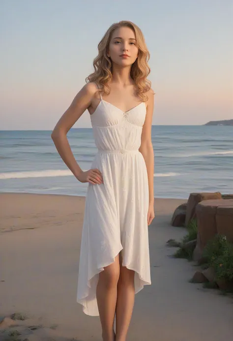 a woman standing on a beach in a white dress