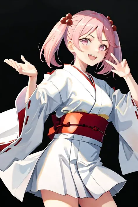 best quality, masterpiece, highres, solo, {white kimono:1.35}, {red hakama:1.35}, {wide sleeves:1.20}, {sazanami_kantaicollection:1.15}, pink_hair, hair_bobbles, hair_ornament, twintails, short_hair, pink_eyes, serafuku, smile