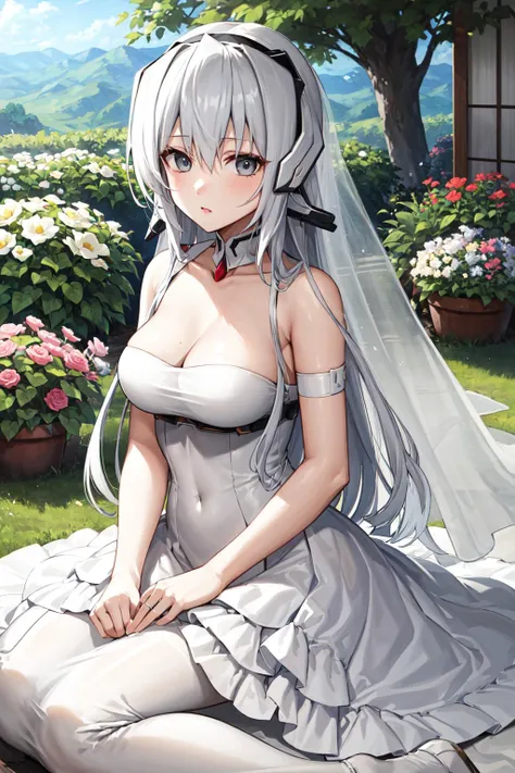 masterpiece, best quality, highres, aap01s, grey eyes, long hair, headgear, large breasts, <lora:horizon_ariadust_v1:0.7>, wedding dress, white dress, garden