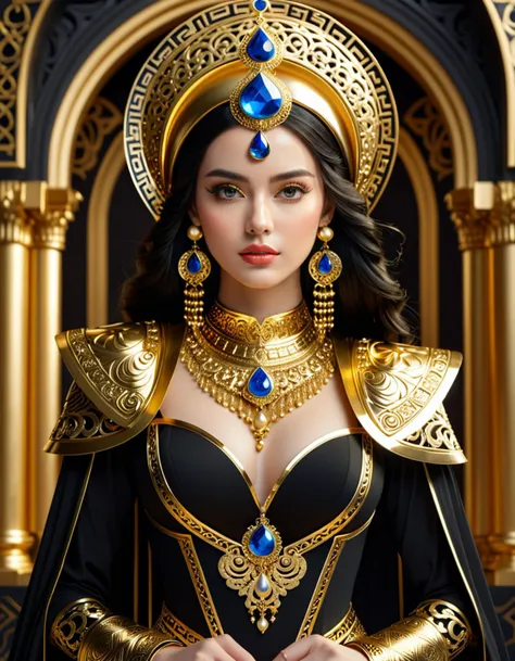 Wide angle digital illustration, (Majestic woman in ornate attire:1.3), Symmetrical composition, Serious expression, Confident demeanor, Piercing blue eyes, Subtle makeup, Pale complexion, Elaborate hairstyle, Decorative golden helmet, Circular and geometr...