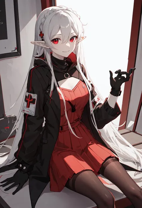 best quality, masterpiece, highres, solo, (warfarin_arknights:1.10), 1girl, black jacket, black gloves, open jacket, looking at viewer, pale skin, red dress, black pantyhose, sitting, vampire, blood, closed mouth, long sleeves, smile, 6 <lora:warfarin_arkn...