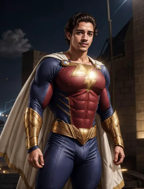 (GS-Masculine:1), (1boy), hero pose, tan glowing skin, freckles, depth of field, dynamic angles, <lora:more_details:0.5>, <lora:Shazamsuit_Lora_v1:0.3>, shazamsuit, cape, golden gauntlets boots, electricity power flowing through his body, unbridled strengt...