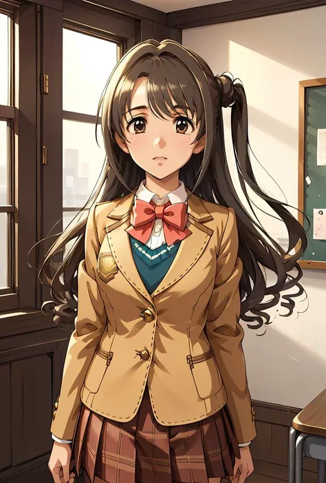 (masterpiece, best quality), 1girl,   <lora:shimamura_uzuki_v1:0.8> aauzuki, long hair, one side up, brown eyes, school uniform, red bowtie, blazer, brown jacket, long sleeves, plaid skirt, red skirt