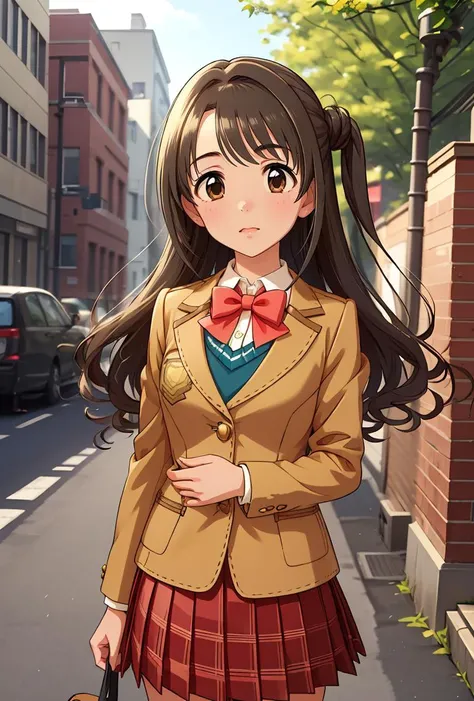 (masterpiece, best quality), 1girl,   <lora:shimamura_uzuki_v1:0.8> aauzuki, long hair, one side up, brown eyes, school uniform, red bowtie, blazer, brown jacket, long sleeves, plaid skirt, red skirt