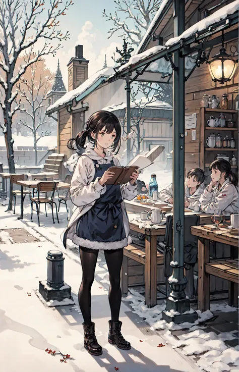 best quality, detailed background, girl,sea, cafeteria, bird, snow, winter,