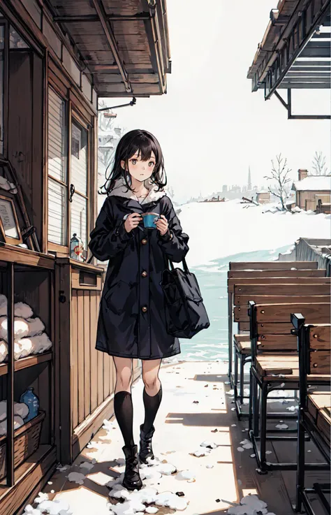 best quality, detailed background, girl,sea, cafeteria, bird, snow, winter,