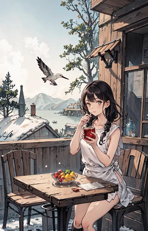 best quality, detailed background, girl,sea, cafeteria, bird, snow, winter,