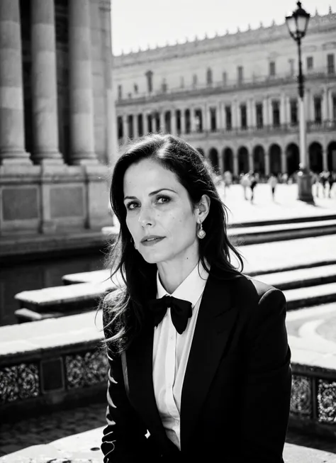 A stunning intricate full color portrait of (sks woman:1) in Seville, at the Plaza de Espaa, wearing Suit and tie, epic character composition, sharp focus, natural lighting, subsurface scattering, f2, 35mm, film grain, , by Ansel Adams, <lora:locon_marylou...