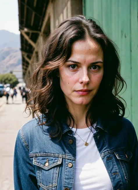 A stunning intricate full color portrait of (sks woman:1) in San Francisco, at Alcatraz Island, wearing Denim jacket and leggings, epic character composition, sharp focus, natural lighting, subsurface scattering, f2, 35mm, film grain, , by William Egglesto...