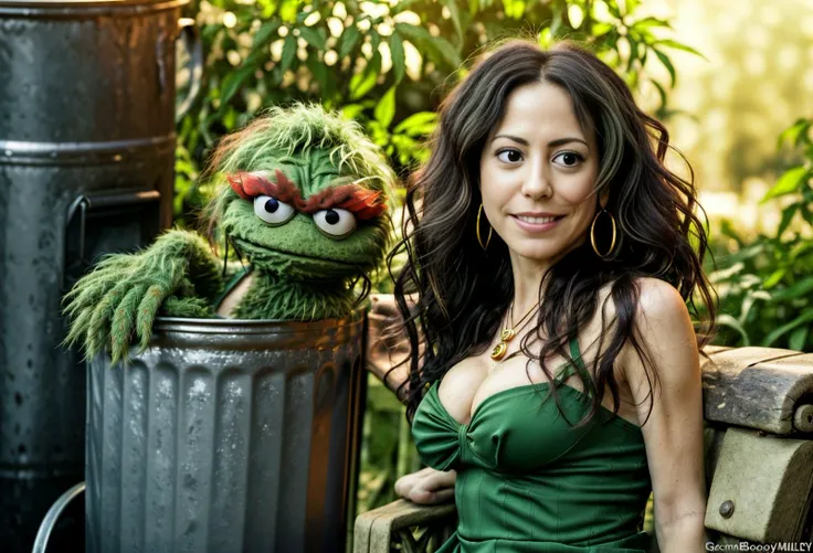 ultra realistic fantasy art, color correction, hires, masterpiece, depth of field, (agalmatophilia:0.6), outdoors at dawn setting, (Sesame Street:0.6), (Oscar the Grouch:1.2), (Showtime Weeds:0.9), (Nancy Botwin:1.2), slightly angled side profile, wide ang...