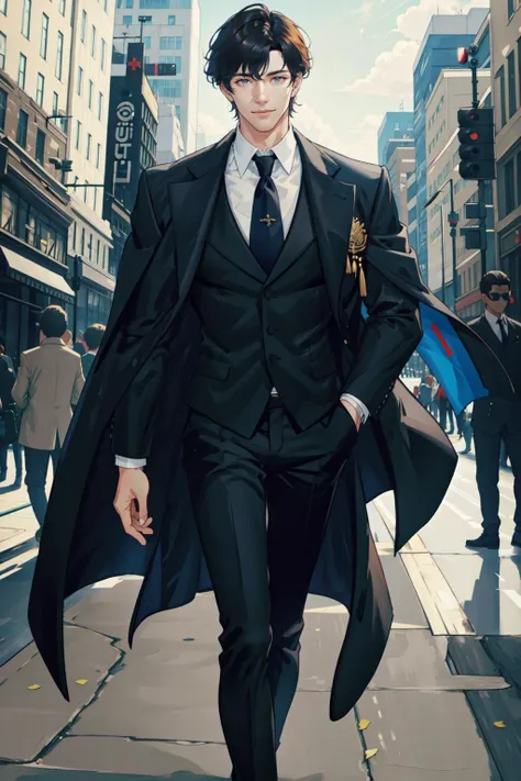 anime man in a suit walking down a city street