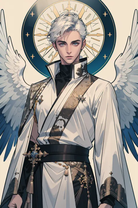 a drawing of a man with white hair and wings