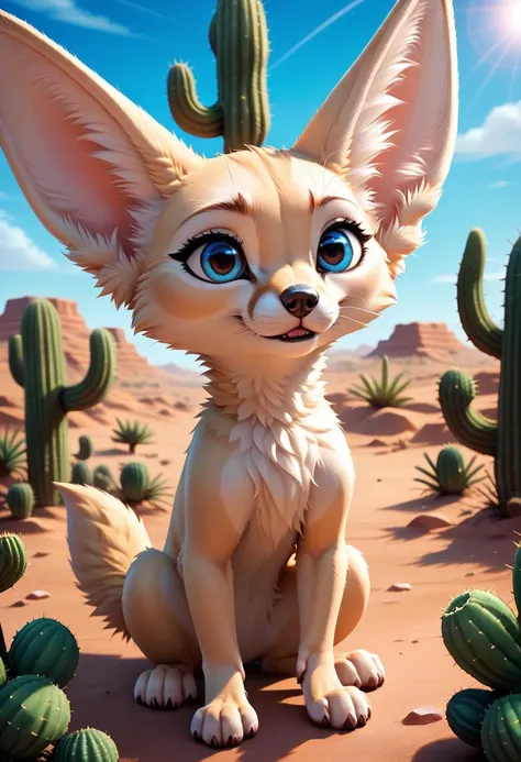 a close up of a cartoon dog sitting in the desert