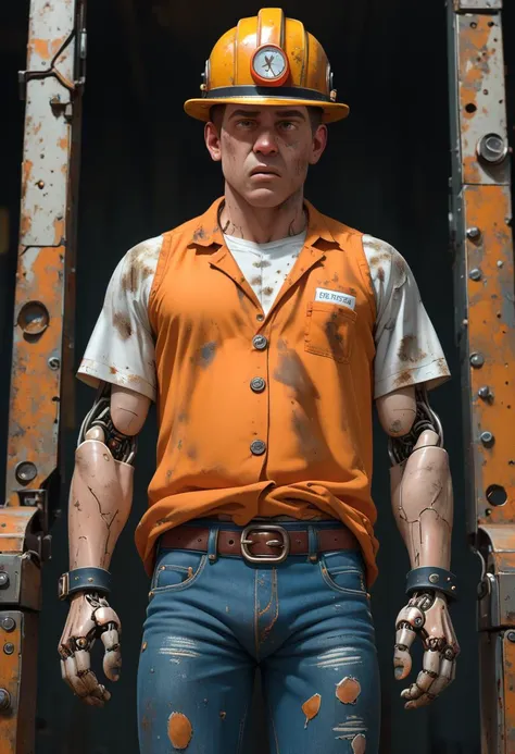 a close up of a man in a hard hat and orange shirt