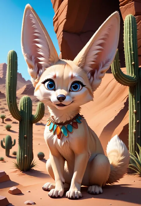 a close up of a cartoon dog sitting in the desert