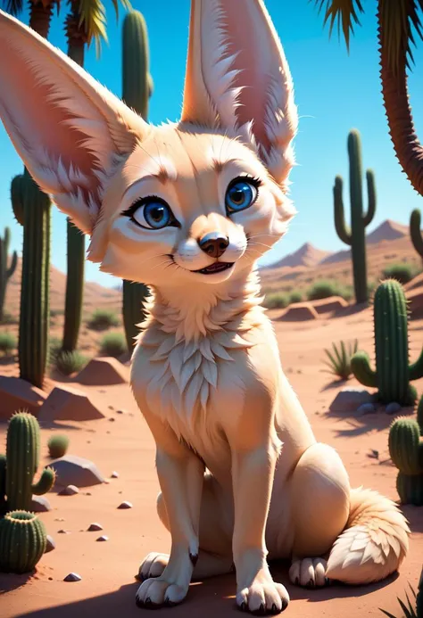 a close up of a cat sitting in the desert with cactus trees