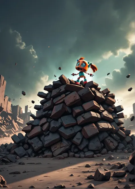 a cartoon character standing on top of a pile of rocks