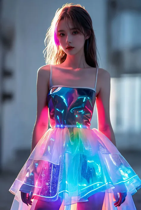 a close up of a woman wearing a dress with a light up skirt