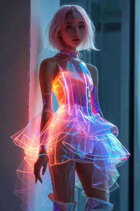 a woman in a neon dress and boots standing against a wall