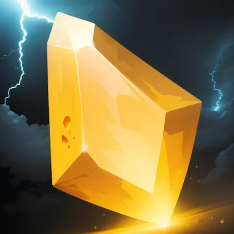 a close up of a yellow diamond with lightning in the background