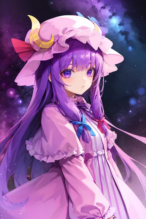 <lora:FantasyIcons_Gemstones:0.8>, purple gemstone,  glowing, star symbol, space, stars, planets, cosmos, nebula,
1girl,purple hair,purle eyes,long hair, mob cap,crescent hat ornament, ribbon,dress, <lora:patchouli:0.9>,