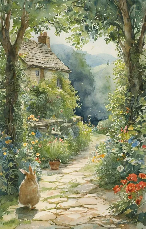 painting of a cat sitting on a stone path in a garden