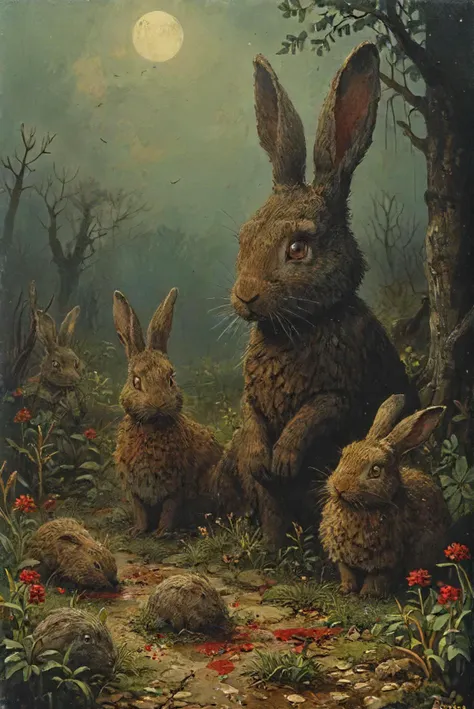 painting of three rabbits in a forest with a full moon