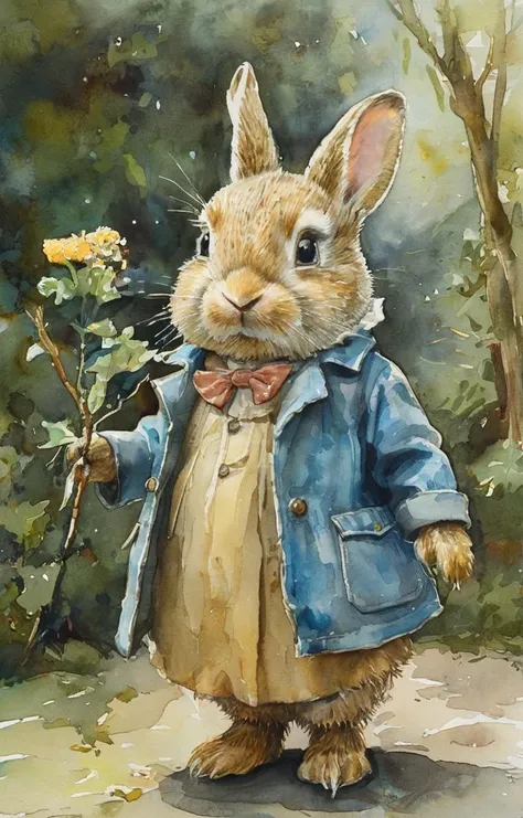 painting of a rabbit in a blue jacket holding a flower