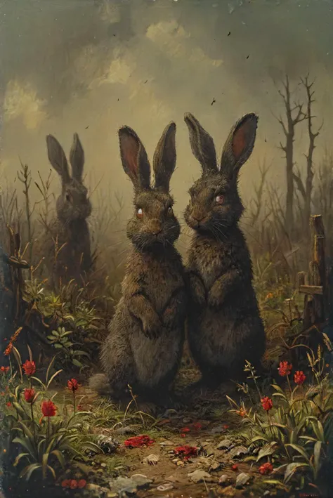 painting of two rabbits sitting on a path in a forest