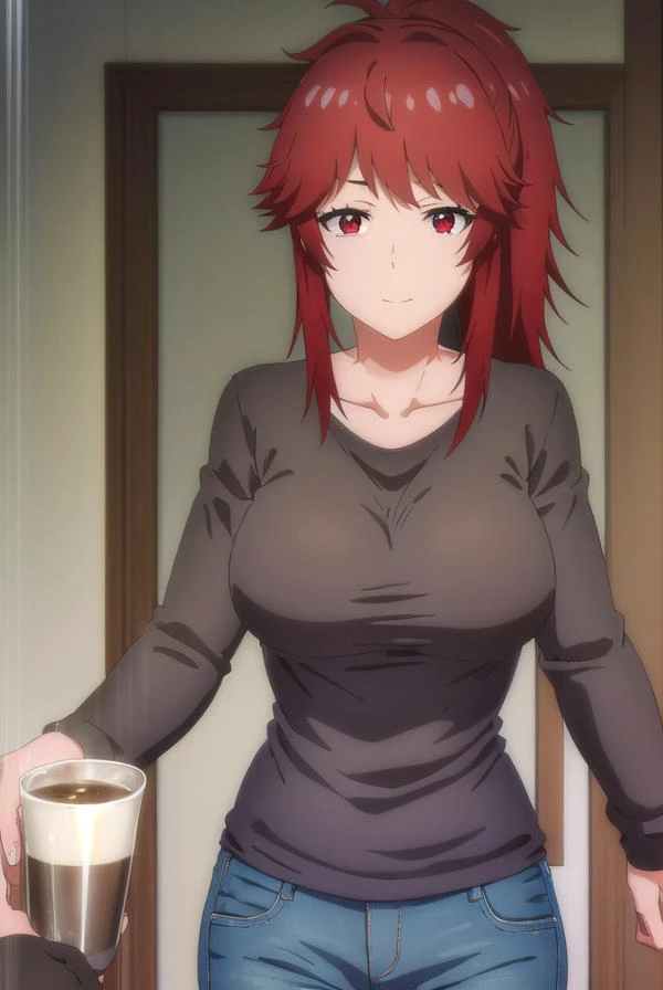 akemiaizawa, <lora:akemi aizawa s1-lora-nochekaiser:1>,
akemi aizawa, (red eyes:1.3), red hair, medium hair, ponytail, smile,
BREAK shirt, long sleeves, collarbone, black shirt, pants, denim,
BREAK indoors,
BREAK looking at viewer, (cowboy shot:1.5),
BREAK...