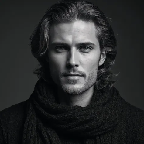 photoshoot, photo studio, RAW photo, editorial photograph, film stock photograph, cinematic, posing, a upper body black and white portrait of a man in a black sweater and scarf black posing for a picture, masculinity, rugged features, messy long hair, mert...