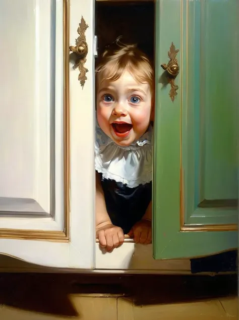 Oil painting of a funny little girl hiding in her grandmothers cupboard. The girls happiness is reflected in this picture. <lora:!action-sdxl-V0.5:1> in a zdyna_pose, dutch angle, from below, low camera angle actions scene, foreshortening,, ((style by Édou...