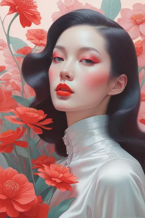 Lady and red flowers. everything in pastel colors, style by Hsiao-Ron Cheng, intricate flat drawing, bright pastel, ultra realistic, simple composition, fun colors, high contrast, Unreal Engine, highly detailed, style by Syd Mead and Ralph McQuarrie