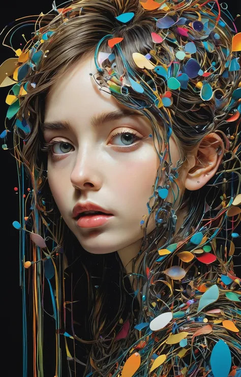 girl face okuda, Ellen Jewett ,spotted, futuristic but extremely beautiful, intricate details, masterpiece, best quality ,asymmetrical, abstract, vibrant, dark background <lora:add-detail-xl:1>