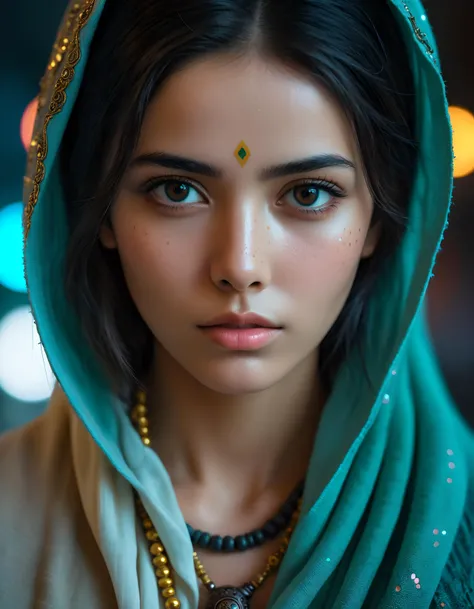 android afghan girl photography by Steve McCurry in cyberpunk style,cyberpunk urban scenery,150mm,dlrs,robotic parts,beautiful neon soft light,bioluminescent tattoos,vibrant details,explicit soft mist,beautiful masterwork by head of prompt engineering . 4k...