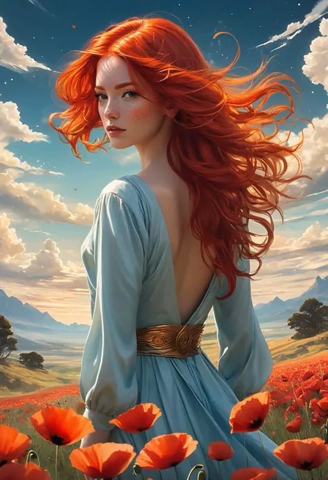 A mesmerizing, anime-inspired illustration captures a woman with fiery red hair, standing tall amidst a serene landscape. Her back is turned towards the viewer, adding an enigmatic touch. Her hair billows dramatically, creating a captivating, dynamic effec...