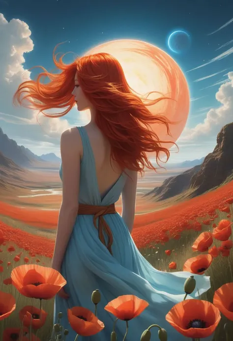 A mesmerizing, anime-inspired illustration captures a woman with fiery red hair, standing tall amidst a serene landscape. Her back is turned towards the viewer, adding an enigmatic touch. Her hair billows dramatically, creating a captivating, dynamic effec...