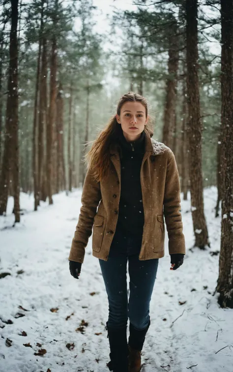 RAW analog photo, cinematic photo of petite 26yo girl walking in a winter forest, snow falling, long light-brown hair, high ponytail, orgasm, distance, wind, full body, skinny, boyish, dry skin, skin pores, freckles, moles, (analog:1.3), model, androgynous...