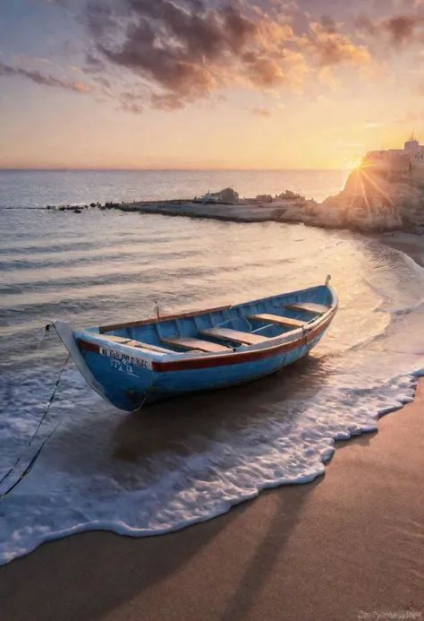 cadiz, la caleta, beach, (masterpiece:1.2), (best quality,:1.2), 8k, HDR, ultra detailed, ((photorealistic)), boats, sunrise, ink, cinematic lighting