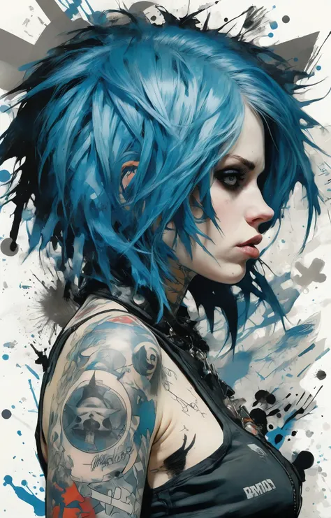 a girl , style punk,blue hair,close up,tattos by Jim Mahfood,(Chris Turnham:0.3),frank bramley, inkblots,hyper detailed, white background <lora:extremely_detailed:0.5> <lora:One_Point_perspective:1>