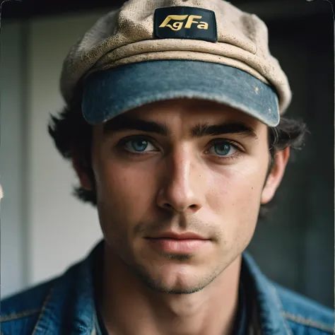 amateur photo of a man, analog, raw, f2, 35mm, an (amateur photo) of a 28 year old candid photo of a man dressed as a farmer wearing dirty clothes, upper body, under low key lighting, from above, shot on a Agfa Vista, flash photography, taken on an old cam...