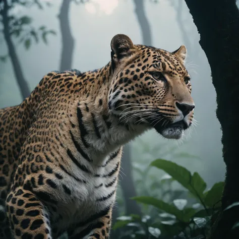 breathtaking 135mm IMAX cinematic shot, award winning wildlife medium shot, close-up action shot of a gigantic majestic leopard, (intense threatening look:1.4), (lush foggy jungle), muted palette, minimalist black and white, cloudcore, minimalist landscape...