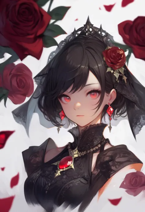 score_9, score_8_up, score_7_up, score_6_up, <lora:RECXL_P6_lokr_V43P1NF:0.95>  1girl, solo, jewelry, flower, black hair, hair ornament, red eyes, earrings, white background, looking at viewer, black gloves, short hair, simple background, gloves, red flowe...