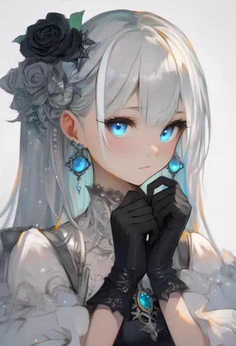 score_9, score_8_up, score_7_up, score_6_up, <lora:RECXL_P6_lokr_V43P1NF:0.95>  1girl, solo, gloves, black gloves, jewelry, white background, blue eyes, looking at viewer, earrings, simple background, hair ornament, portrait, streaked hair, closed mouth, m...