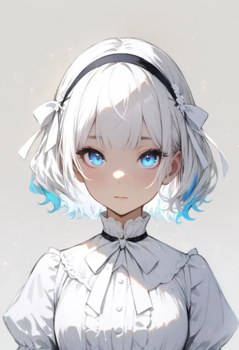 masterpiece, best quality, <lora:RECXL_ANI31_lokr_V43P1NF:0.95>  1girl, solo, blue eyes, short hair, looking at viewer, white hair, white background, bow, upper body, simple background, closed mouth, frills, white bow, ribbon, hair bow, leaf, expressionles...