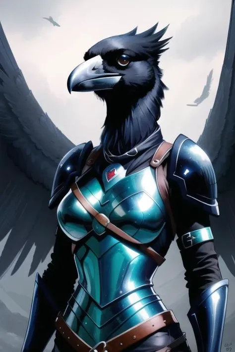 raven, anthro avian corvid, beak, female, medium breasts, ((winged-arms)), wearing  leather armor and magic aura, happy, posing, portrait, looking at viewer, <lora:Corvids-v1:1>