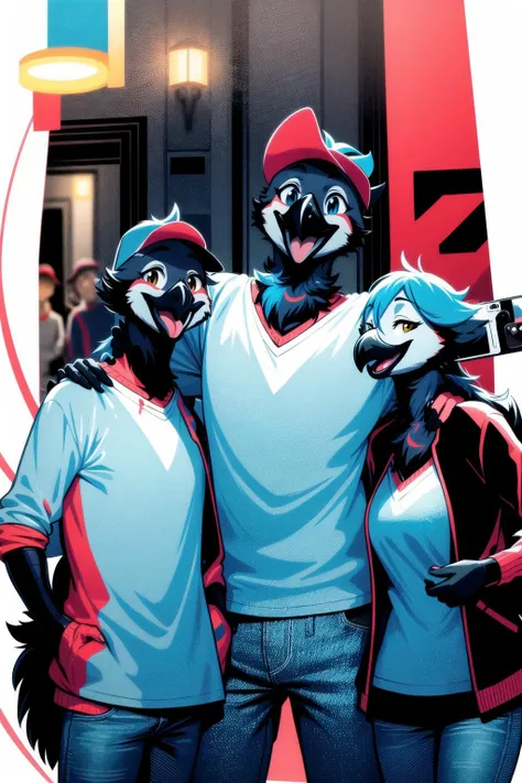 anthro avian corvid, furry, group photo, one raven, one crow, one blue jay, happy, selfie, white shirt, jeans, casual outfit, bloodstainai,  <lora:Bloodstainai:0.4>