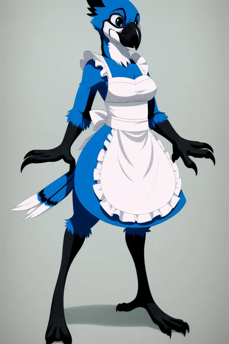 anthro avian corvid, (blue jay), female, beak, ((winged-arms)), furry, maid costume, anime style, restricted color pallet, highly detailed tpose, sharp focus medium shot