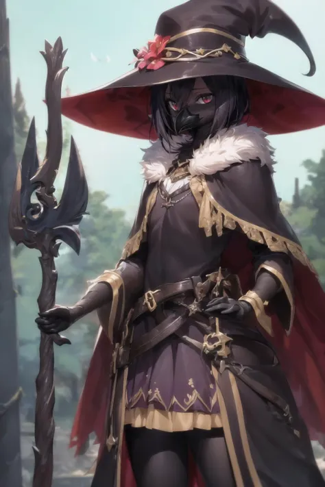 a close up of a person in a hat and costume holding a scythe