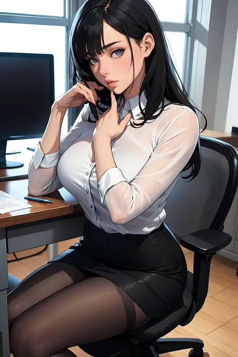 anime girl sitting at a desk with a computer and a phone